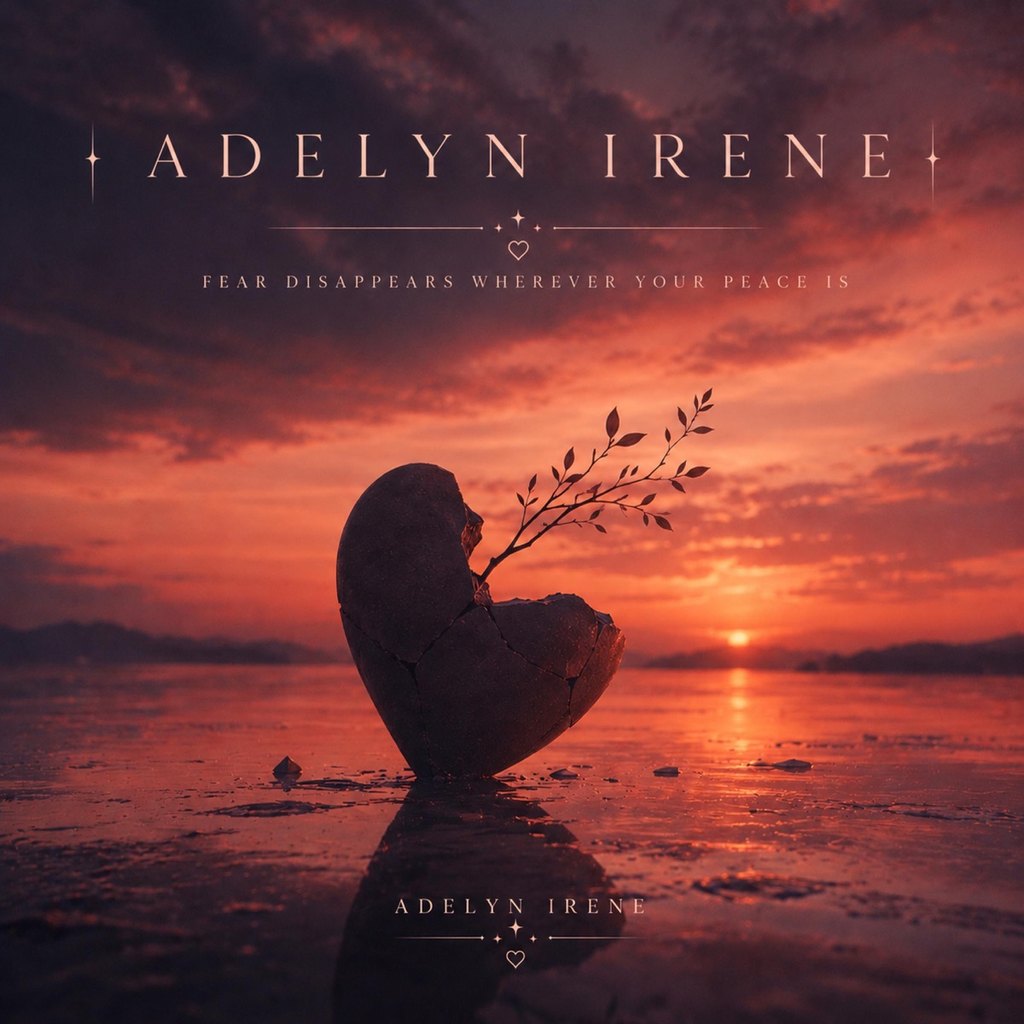 Cover art for FDWYPI: a cracked heart-shaped stone with a small branch sprouting from it, standing on wet sand at sunset, with “Adelyn Irene” and “Fear Disappears Wherever Your Peace Is” above.