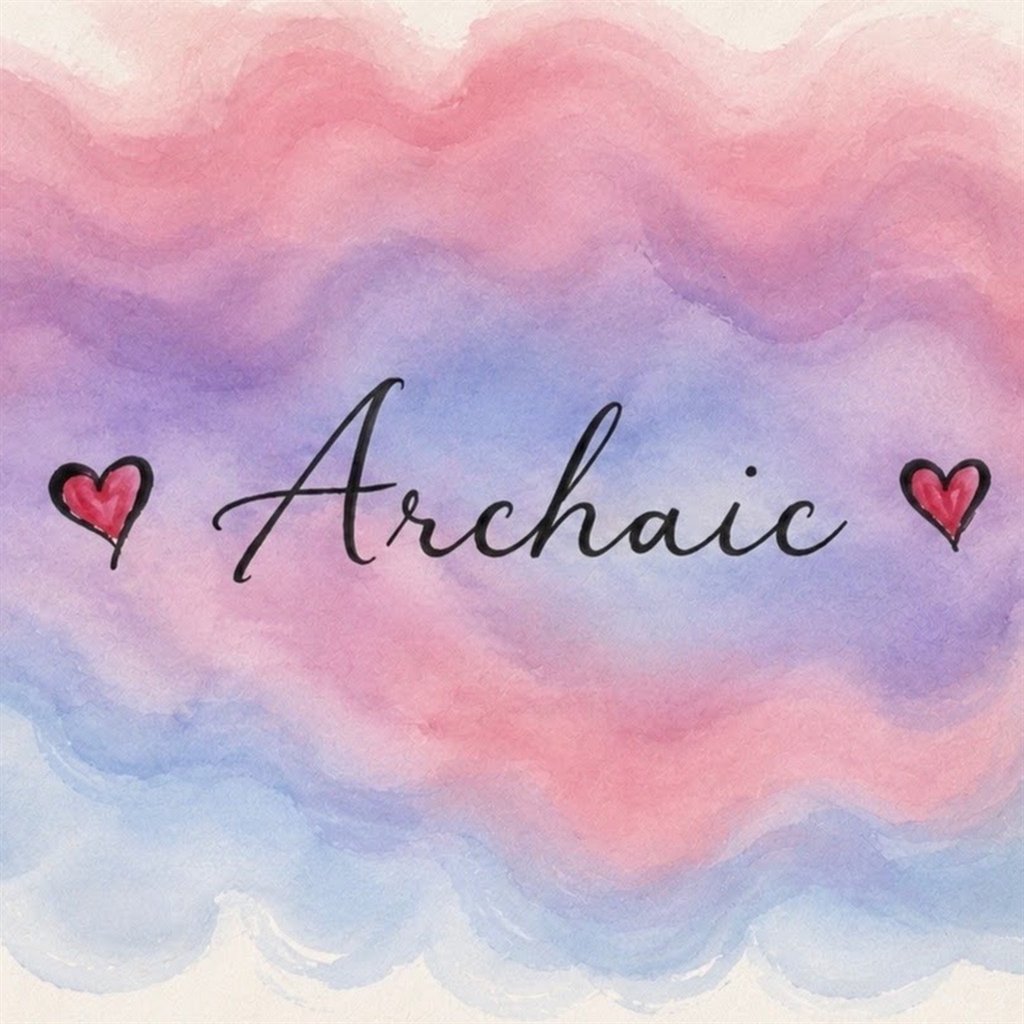The Archaic logo: a hand-painted watercolour wash in pink, lilac and blue, with the band name in script between two red hearts.