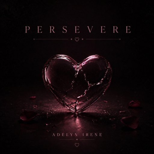 Cover art for Persevere: a cracked glass heart glowing pink on a dark floor scattered with rose petals.