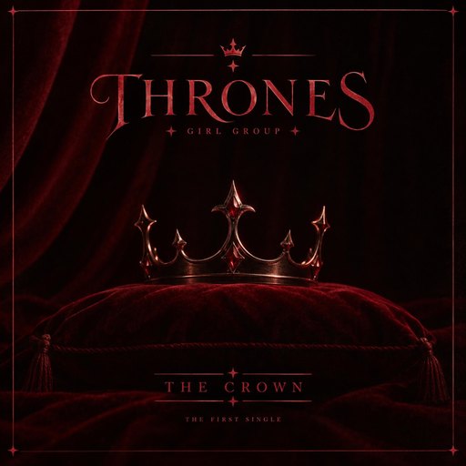 Cover art for The Crown: a red-jewelled crown on a red velvet cushion before dark curtains, under the words “Thrones, girl group”.